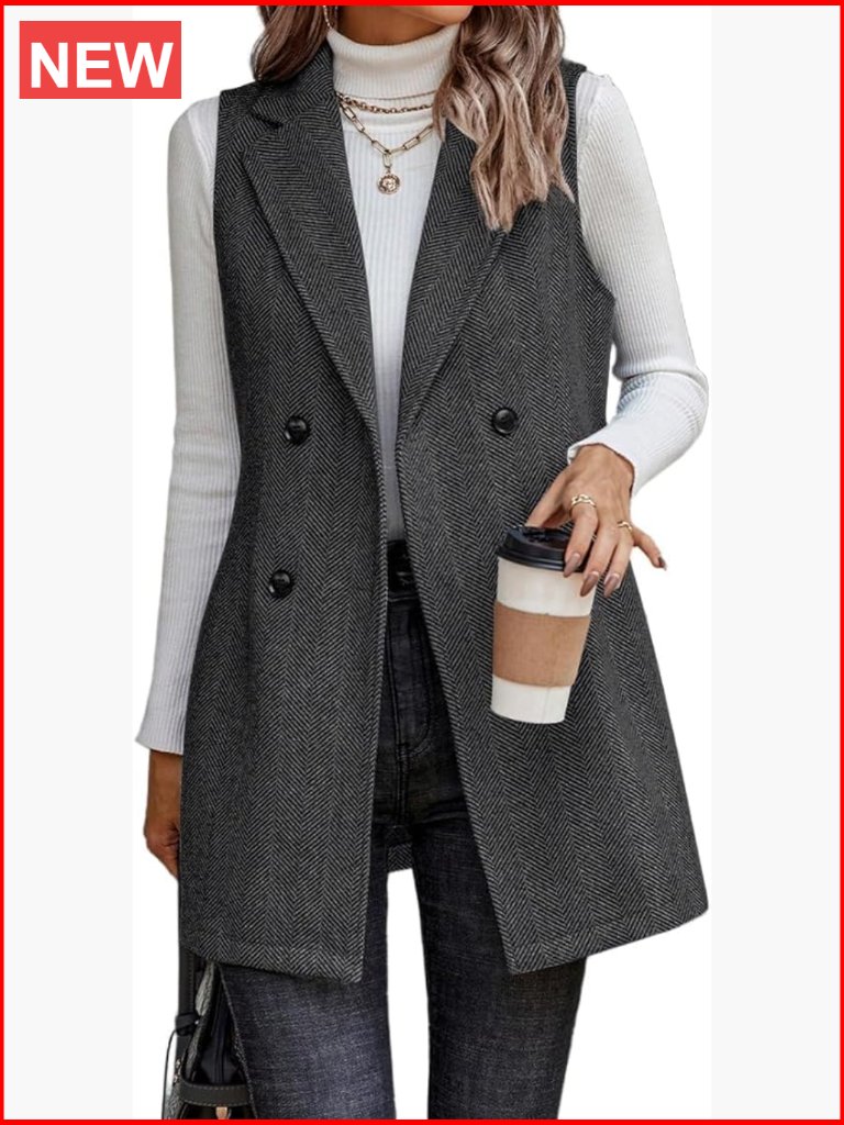 Wool Blend Long Vest Sleeveless Blazer Notch Lapel Double Breasted